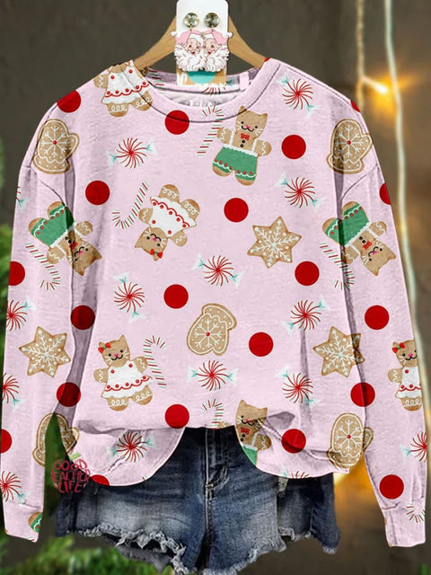 Retro Christmas Gingerbread Pink Cat Casual Print Sweatshirt