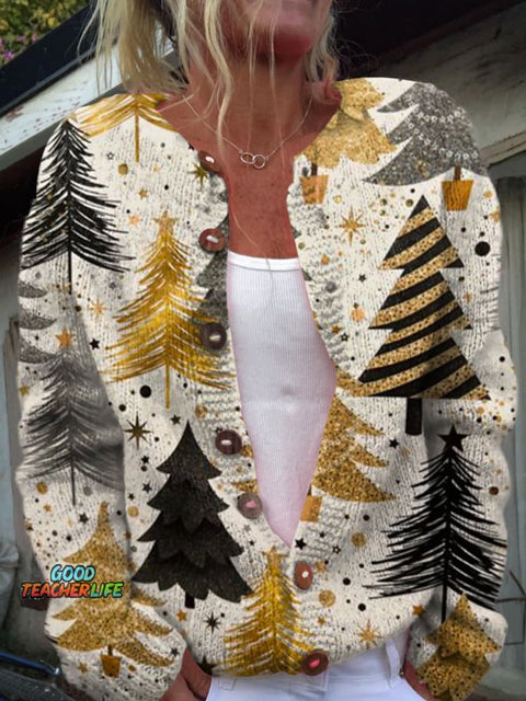 Christmas Tree Print Buttoned Cardigan Sweater