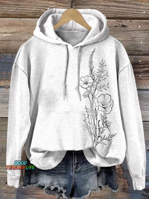 Simple Meadows Floral Graphic Printed Casual Hoodie Sweatshirt