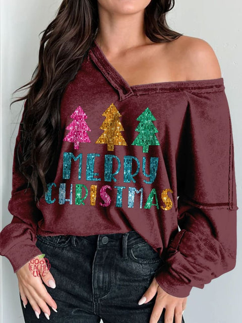 Women's Merry Christmas Print Long Sleeve V-neck Comfortable Cotton Shirt