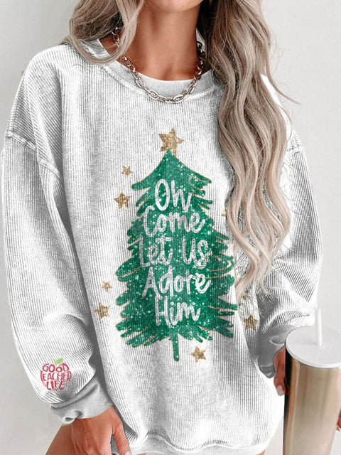 Women's Oh Come Let Us Adore Him Christmas Tree Casual Print Shirt