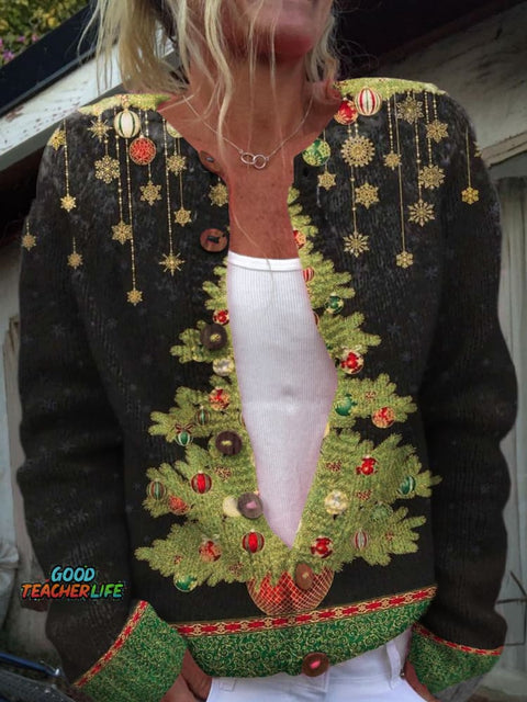 Christmas Tree Print Buttoned Cardigan Sweater