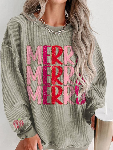 Christmas Merry Glitter Women's  Casual Print Corduroy Sweatshirt