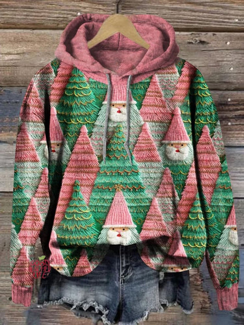 Colorblock Christmas Tree Santa Claus Art Print Casual Hoodie