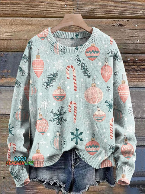 Christmas Christmas ball Candy cane Print Knit Pullover Sweater