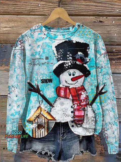Retro Christmas Snowman Art Print Casual Sweatshirt