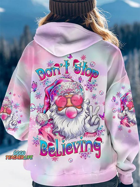 Women's Don't Stop Believing Blowing Bubble Santa Claus Christmas All Over Print Casual Hoodie Sweatshirt