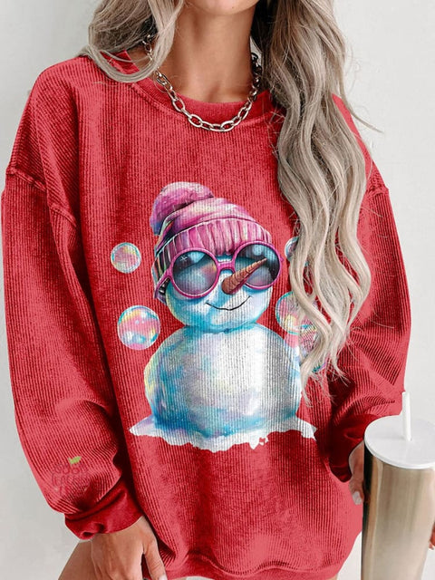 Women's Cute Snowman Sunglasses Christmas Casual Print Corduroy Sweatshirt