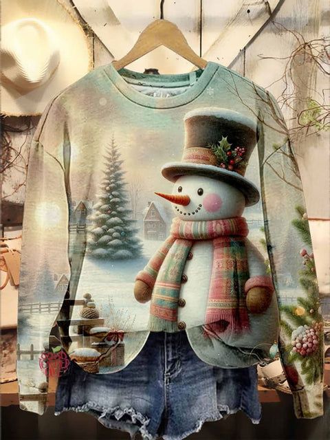 Cute Snowman Christmas Tree Print Casual Sweatshirt