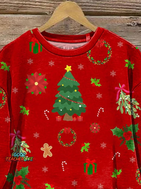 Christmas Tree And Mistletoe Pattern Printed Casual Sweatshirt