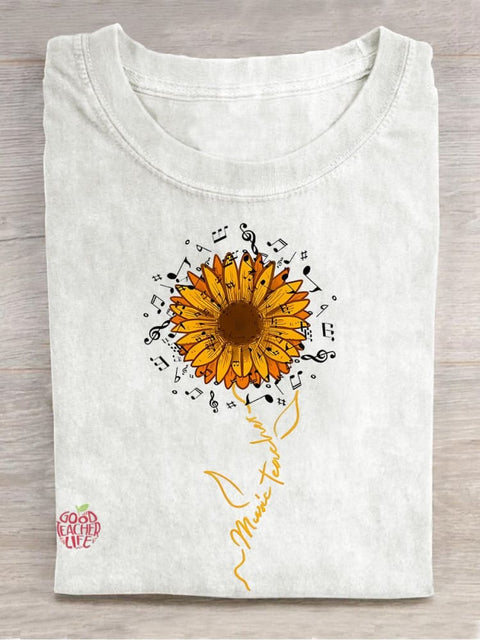 Music Teacher Sunflower Teacher Casual Print T-shirt