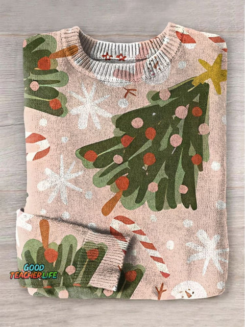Christmas Snowman Candy cane Christmas tree Print Knit Pullover Sweater