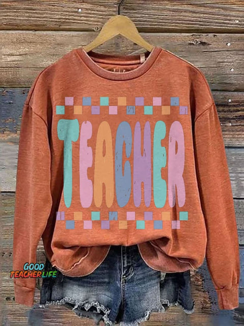 Retro Teacher Life Teacher Casual Print Sweatshirt