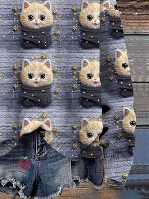 Christmas Cute Cat Simulated 3D Funny Print Casual Knit Pullover Sweater