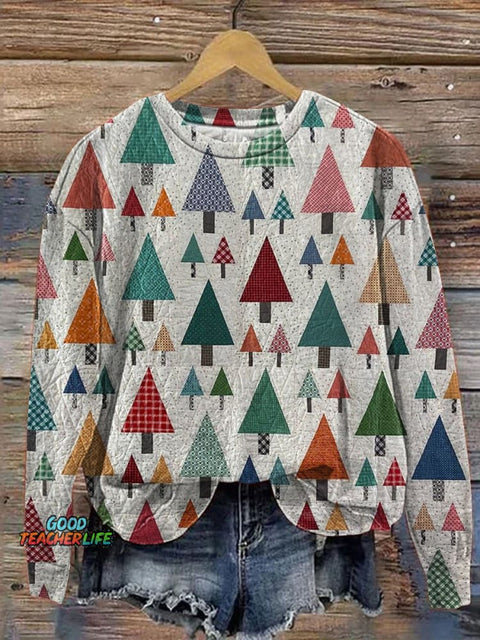 Lovely Christmas Tree Quilt Art Printed Casual Sweatshirt