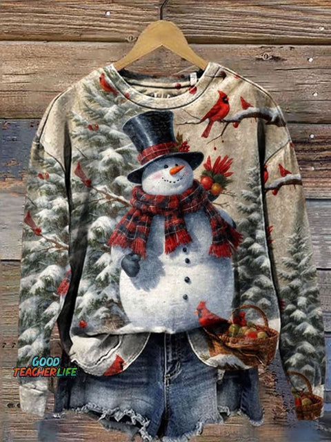 Retro Christmas Snowman Print Casual  Sweatshirt