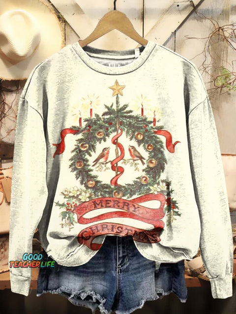 Christmas Wreath Bird Art Print Casual Sweatshirt