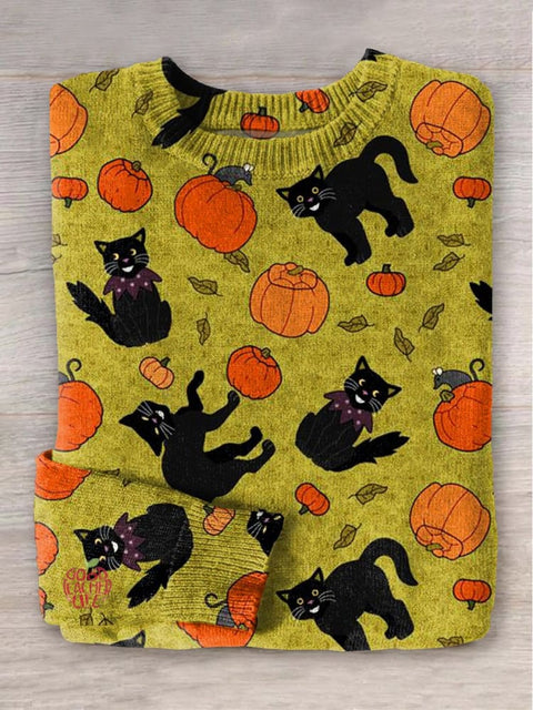 Halloween Black Cat Art Print Knit Pullover Sweater