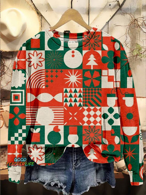 Simple Geometric Splicing Contrasting Colors Christmas Casual Print Sweatshirt