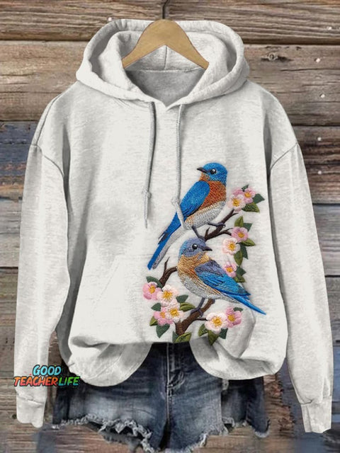Embroidery Spring Bird Art Printed Casual Sweatshirt