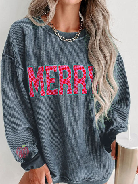 Women's Merry Christmas Checkered Letters Casual Print Corduroy Sweatshirt