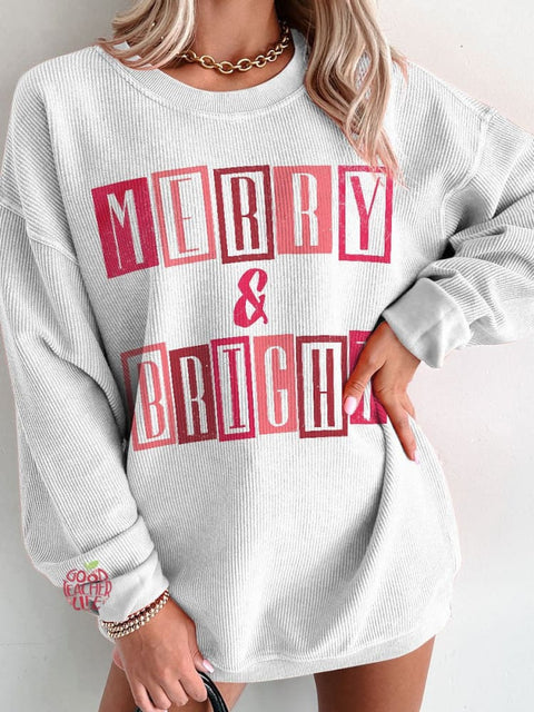 Women's Pink Christmas Merry and Bright Casual Print Corduroy Sweatshirt