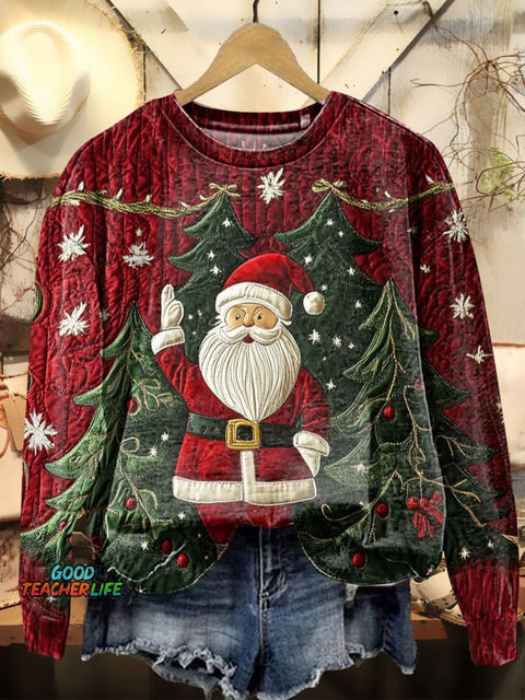 Women's Christmas Winter Santa Claus Textured Prints Casual Sweatshirt