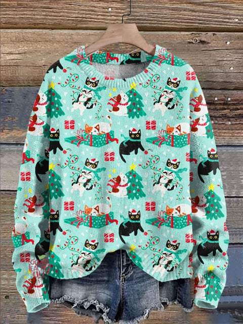 Cute Christmas cats Print Knit Pullover Sweater