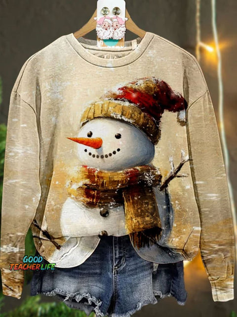 Retro Snowman Christmas Casual Print Sweatshirt