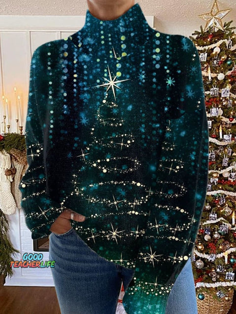 Glitter Christmas Print Knit Turtleneck Pullover Sweater