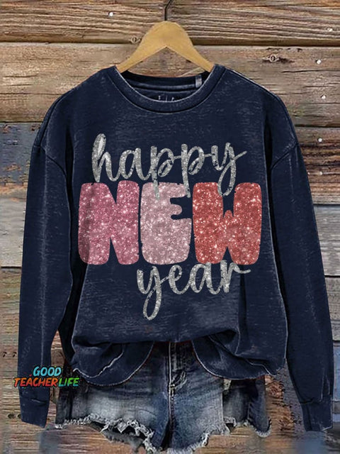 Happy New Year Casual Print Sweatshirt