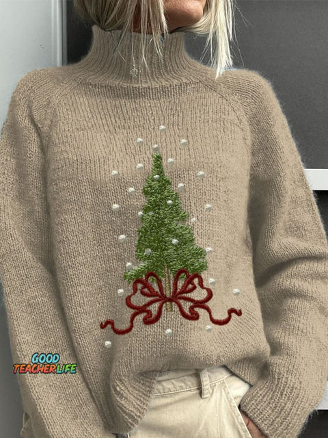 Embroidery  Christmas Tree Art Print Knit Turtleneck Pullover Sweater