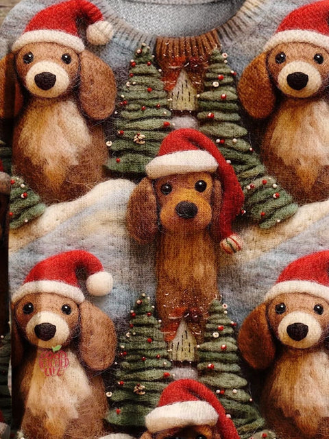 Retro Christmas Gift Dog Art Print Knit Pullover Sweater