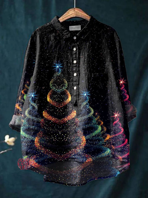 Women's  Glitter Christmas Art Print Casual Cotton And Linen Shirt