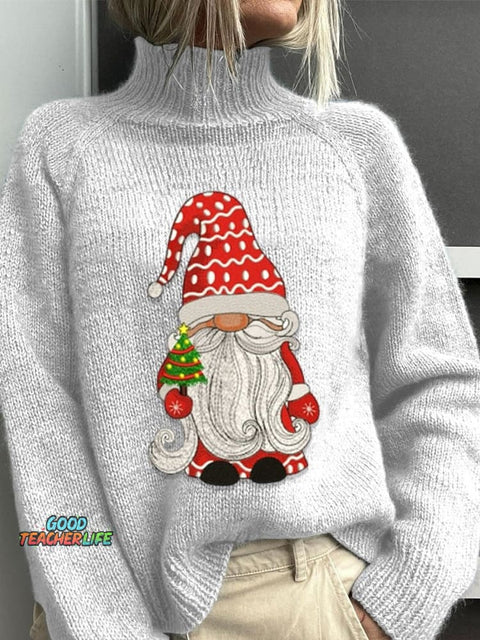 Embroidery  Gnome Santa Christmas Art Print Knit Turtleneck Pullover Sweater