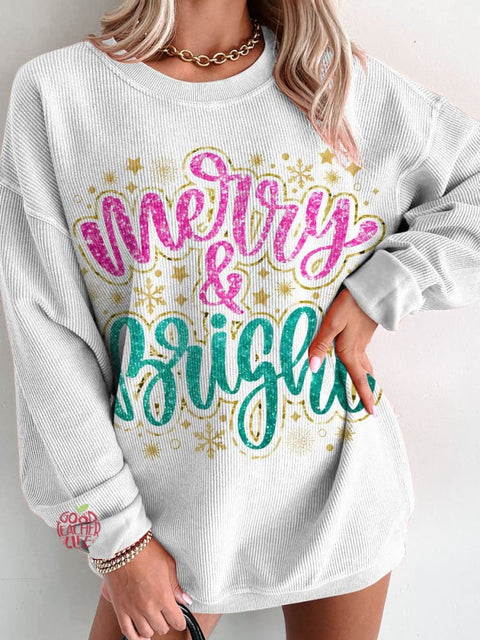 Christmas Merry & Bright Golden Glitter Women's  Casual Print Corduroy Sweatshirt