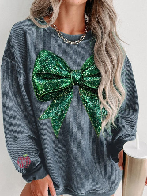 Green Christmas Glitter Bow Print Women's Casual Sweatshirt