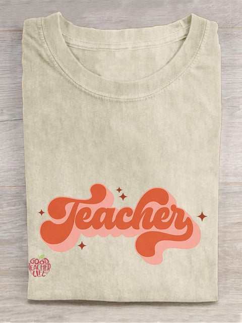 Retro Teacher Casual Print T-shirt