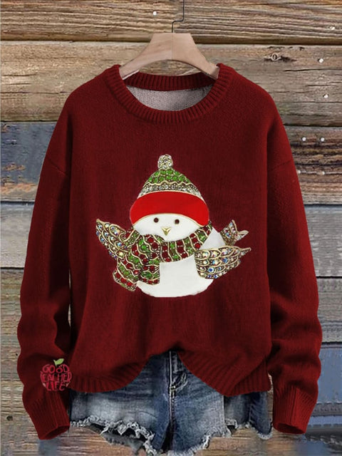 Christmas Jewelry Art Snowman Claus Print Knit Pullover Sweater