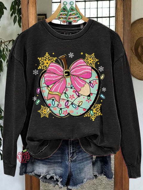 Colorful Glitter Apple Bow Teacher Merry Christmas Casual Sweatshirt