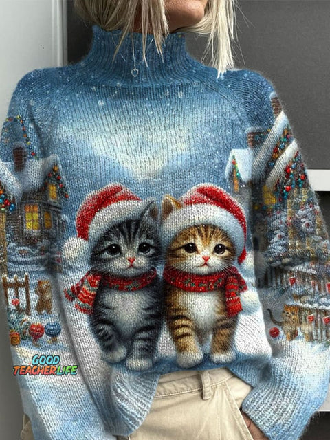 Funny Cats  Christmas  Print Knit Turtleneck Pullover Sweater