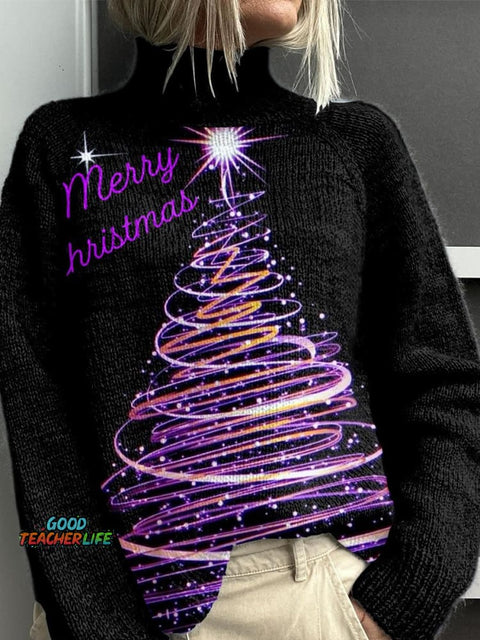 Glitter Christmas Print Knit Turtleneck Pullover Sweater