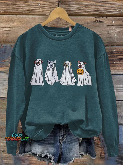 Women's Dog Ghost Print Casual Long Sleeve Sweatshirt