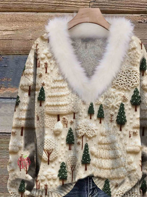 Christmas Tree Print Knit Pullover Fur Collar Sweater