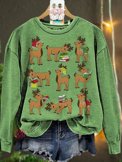 Christmas Reindeer Reading Book Lover Casual  Sweatshirt