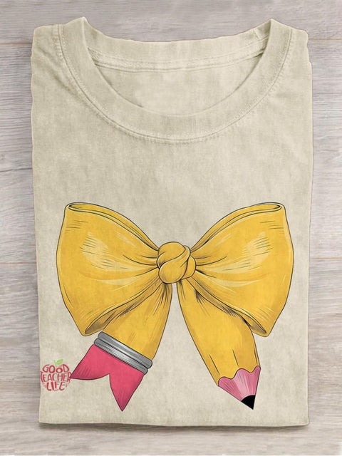 Coquette Pencil Bow Teacher Casual Print T-shirt