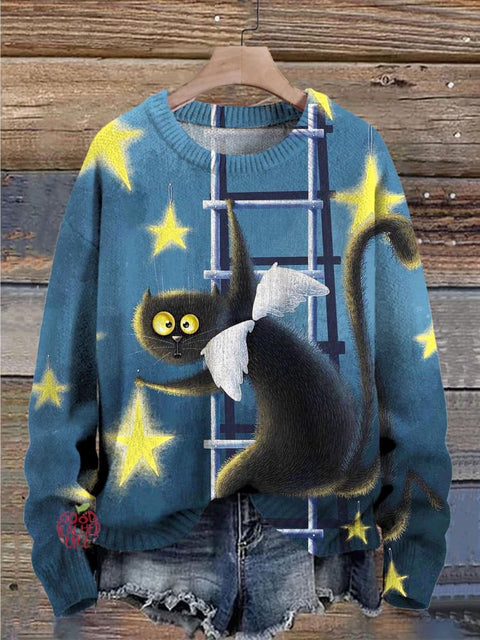 Cute Cat Starry Night Art Pattern Print Casual Knit Pullover Sweater