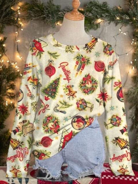 Retro Christmas Decals Art Print Knit Pullover Sweater