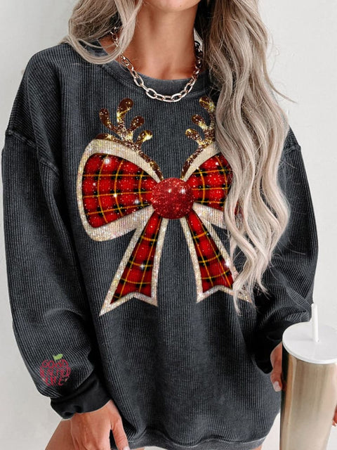 Christmas Reindeer Plaid Bow Print Women's Casual Sweatshirt