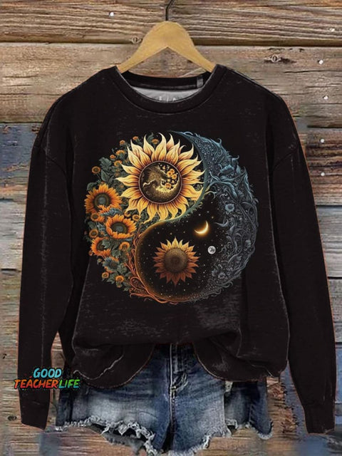 Sunflower Ying And Yang Graphic Printed Casual Sweatshirt